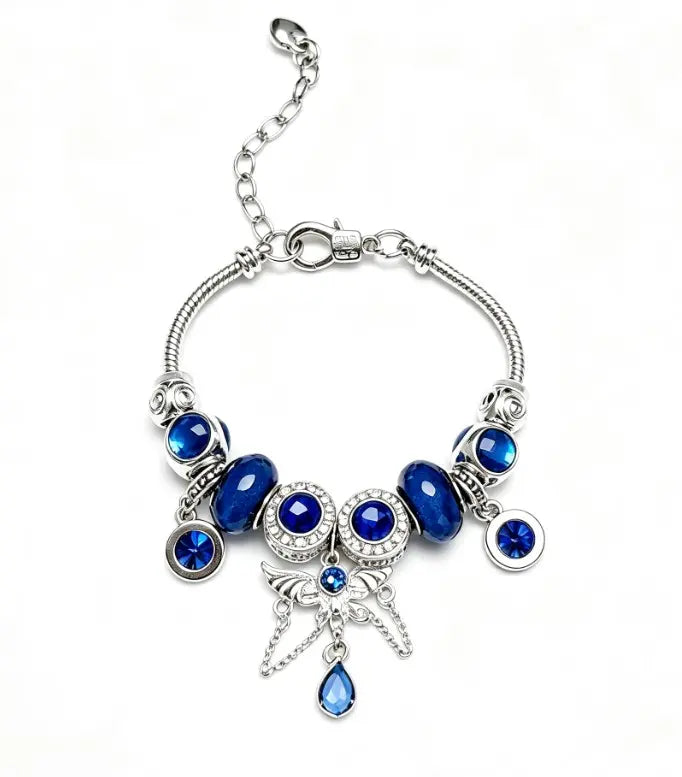 Blue Crystal Butterfly Charm Bracelet for Women, Adjustable Silver Snake Chain Beaded Bangle with Rhinestone Teardrop Pendant, Ocean Themed Dainty Jewelry Gift for Teen Girls