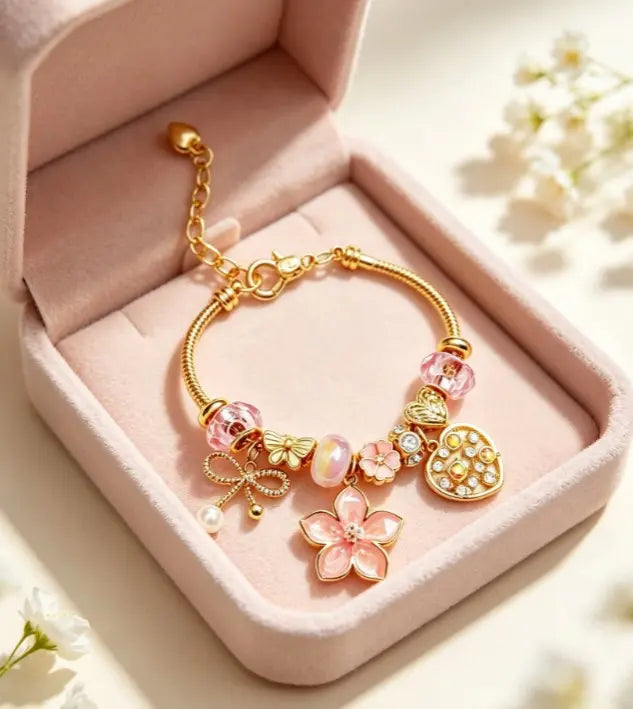 Gold Snake Chain Beaded Bracelet, Pink Flower Enamel Charm Bracelet with Pink Crystal Pearl Rhinestone, Fashion Jewelry Gift for Women