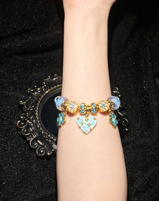 Womens Blue Heart Flower Charm Bracelet, Sparkling Rhinestone Beaded Snake Chain Bracelet, Elegant Dangle Charm Jewelry Gift for Women Teen Girls