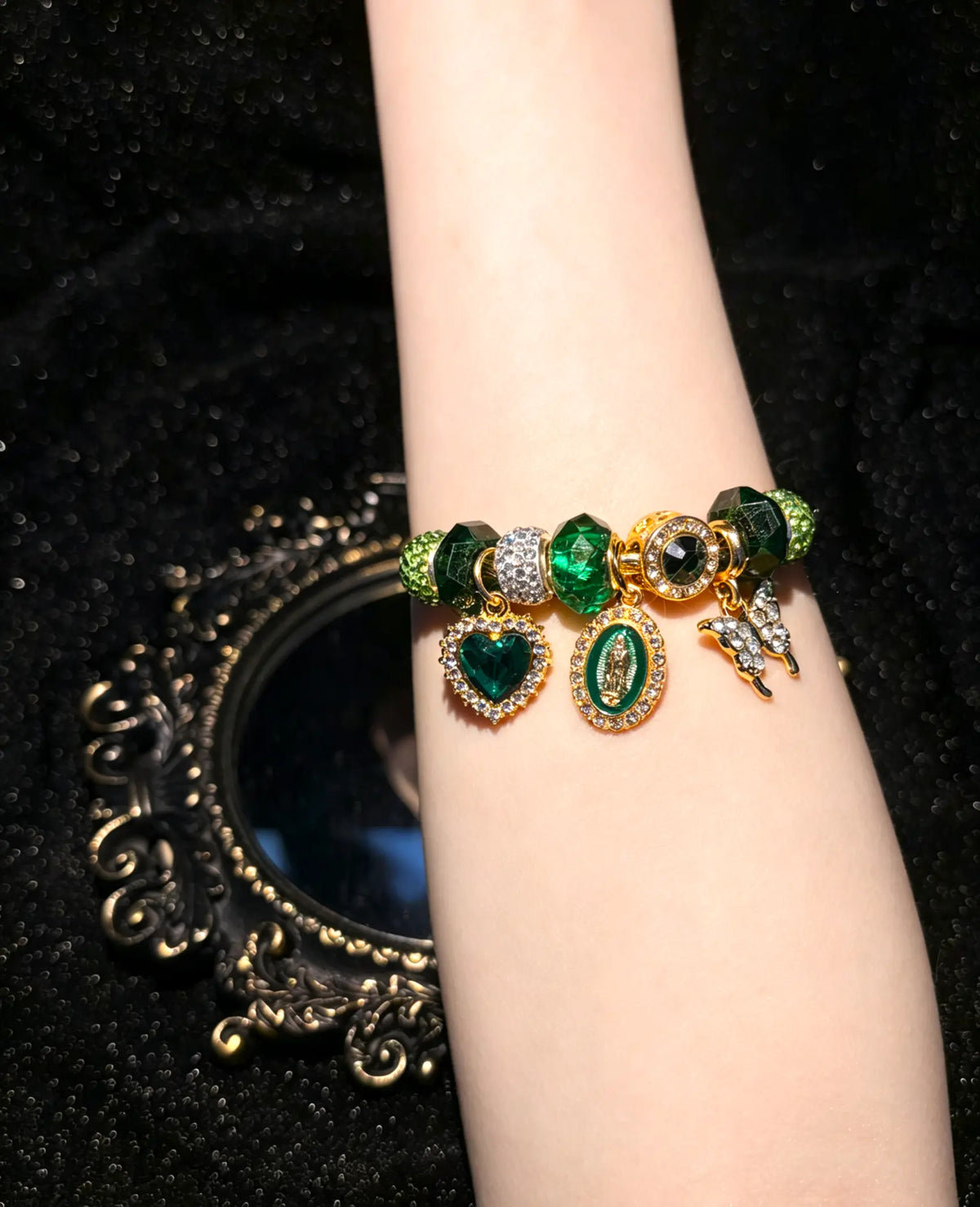 Women's Gold-Tone Emerald Green Heart Virgin Mary Butterfly Charm Bracelet - Sparkling Rhinestone Beaded Snake Chain Vintage Religious Statement Jewelry Gift