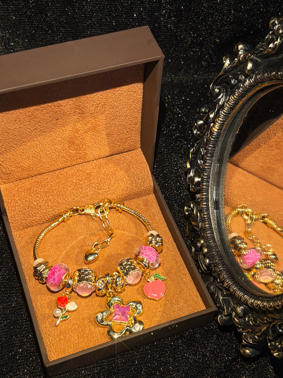 Gold-Tone Snake Chain Charm Bracelet with Clover, Peach Flower & Murano Glass Beads - Stackable Costume Jewelry Gift for Women
