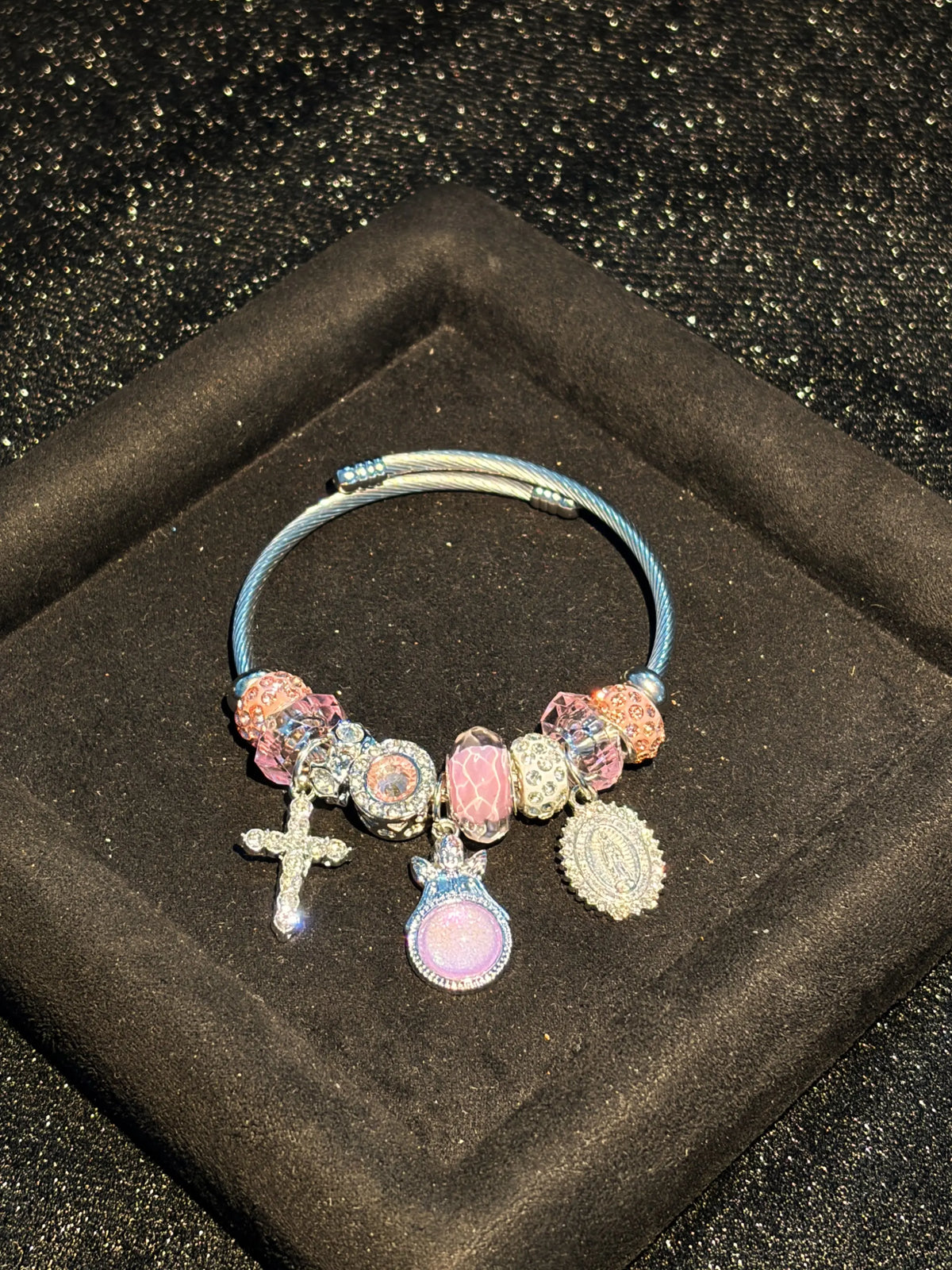 Women's Silver-Tone Religious Wire Cuff Bangle - Cross, Virgin Mary Charm, Pink Murano Glass Beads, Rhinestone Crystal Fashion Statement Bracelet