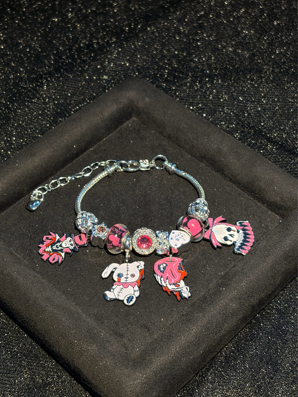 Silver Tone Festival Charm Bracelet - Gothic Cute Dangle Pendants, Stitched Rabbit & Skull Charms, Pink-Black Murano Glass Beads, Shiny Rhinestone Spacer Beads, Adjustable Snake Chain, Y2K Trendy Jewelry for Halloween Party Cosplay