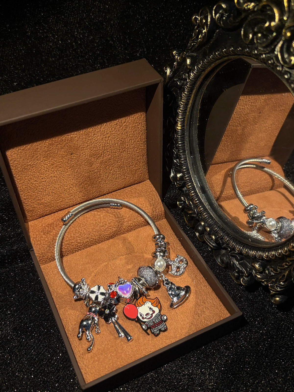 Halloween Clown Charm Bangle Bracelet, Silver Tone Adjustable Wire Bangle with Witch Hat Heart Dangle Charms, Gothic Spooky Costume Jewelry Gift for Women Girls