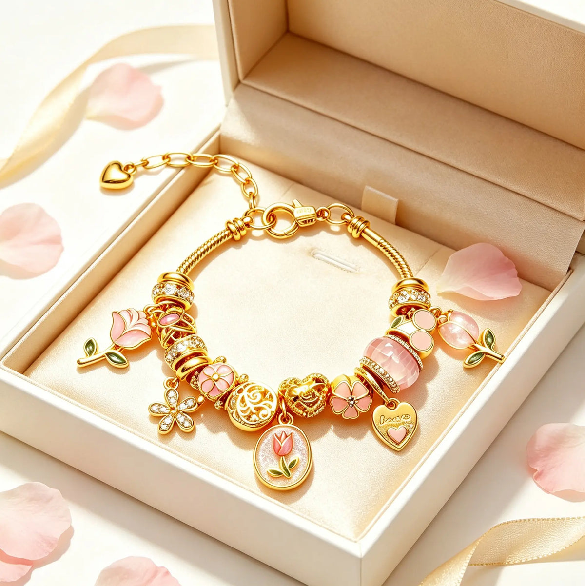 Spring Vibes on Your Wrist, Pink Tulip & Heart Charm Bracelet