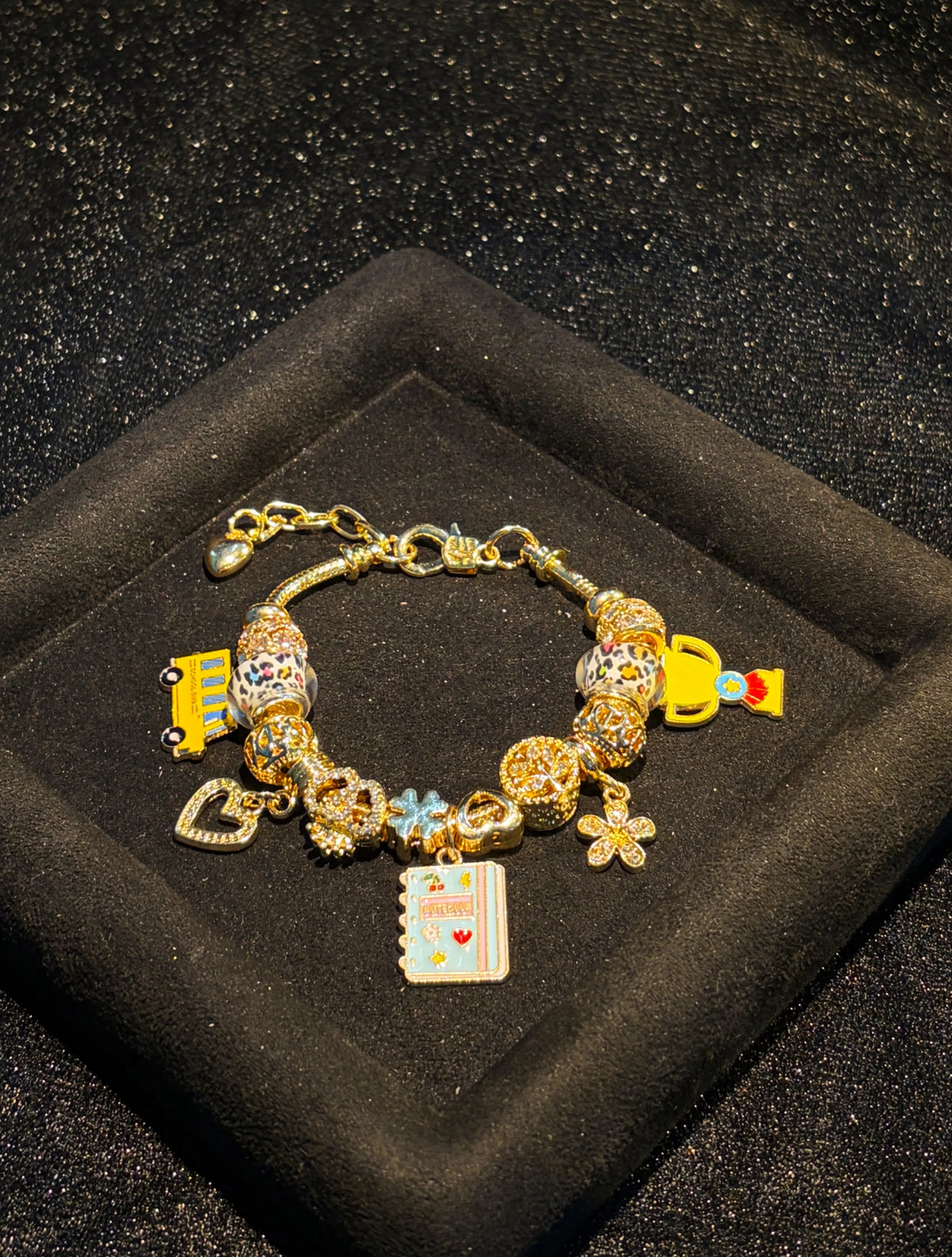 Girls' Gold-Tone Adjustable Snake Chain Back to School Charm Bracelet with School Bus, Notebook, Trophy Dangle Charms, Enamel Beaded Costume Jewelry Gift