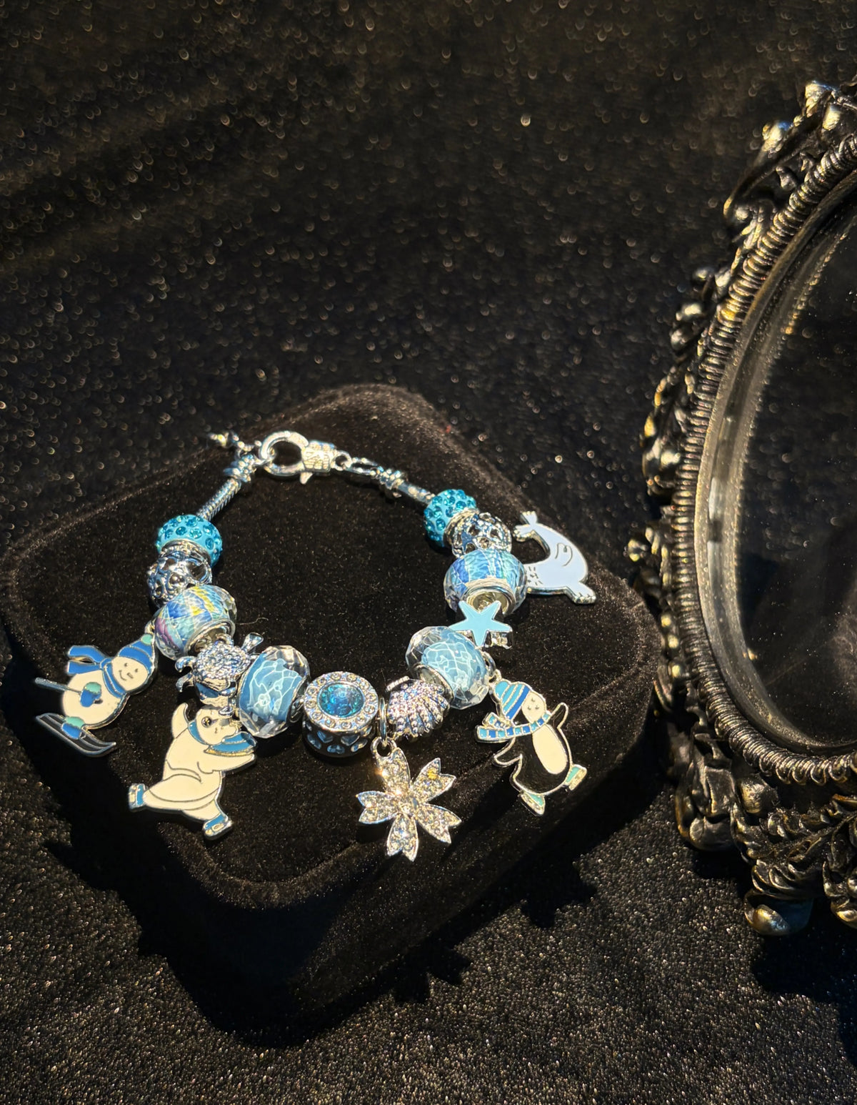 Women's Adjustable Silver-Tone Snake Chain Bracelet with Water-Ripple Blue Beads, Animal Snowflake Pendants and Removable Large Hole Beads Costume Jewelry