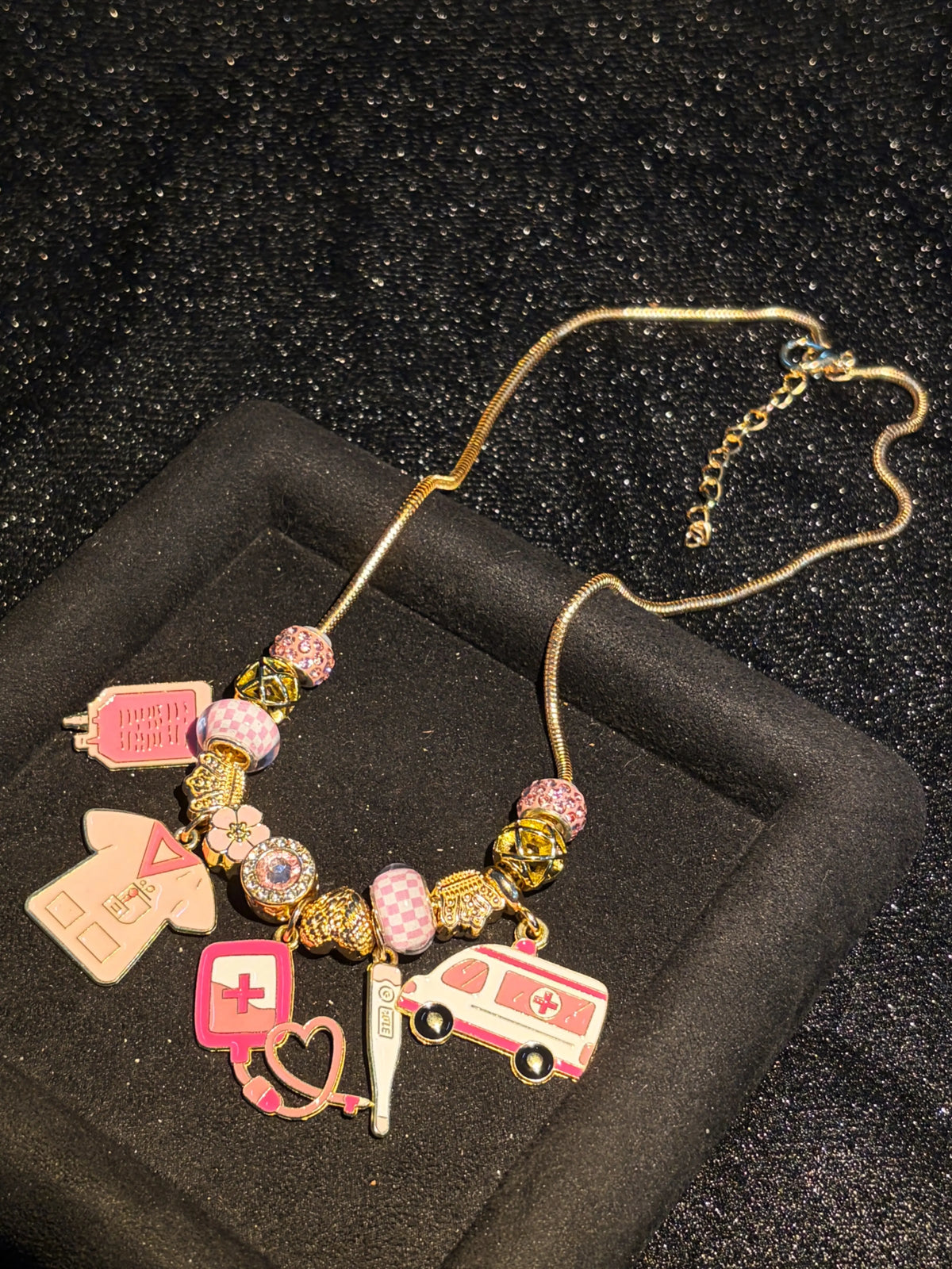 Pink Enamel Charm Necklace for Women, Fun Cartoon Style Pendant Necklace with Multi Charms, Gold-tone Adjustable Snake Chain Beaded Statement Jewelry, Sweet Gift for Daily Wear