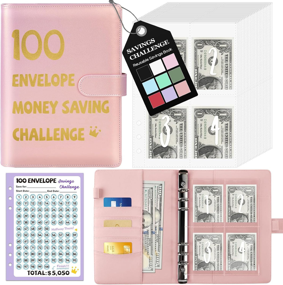 100 Envelopes Money Saving Challenge Binder, A5 Savings Challenges Book