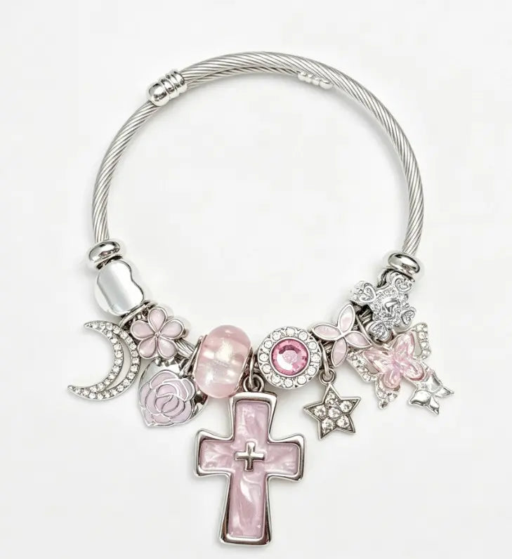 Pink Cross Charm Adjustable Cuff Bangle, Silver Plated Cable Wire Bracelet with Moon Star Butterfly Flower Crystal Charms, Religious Dainty Wrist Jewelry Gift for Women Teen Girls