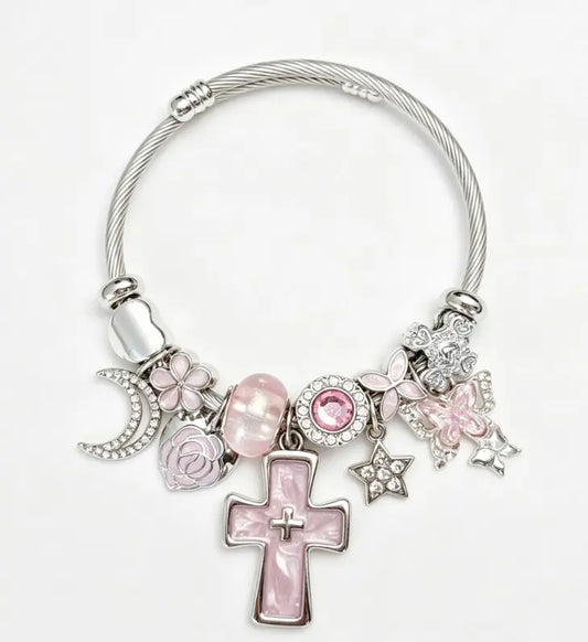 Pink Cross Charm Adjustable Cuff Bangle, Silver Plated Cable Wire Bracelet with Moon Star Butterfly Flower Crystal Charms, Religious Dainty Wrist Jewelry Gift for Women Teen Girls