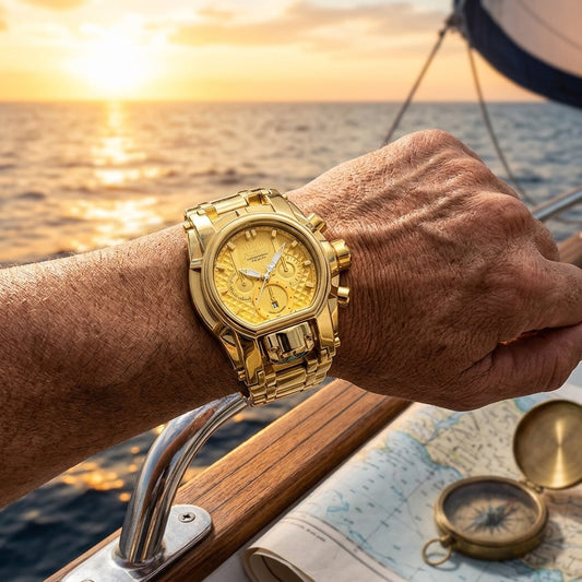 Men's Heavy-Duty Oversized Dial Gold Tactical ⚓ Adventure Watch - Built-in 🧭 Navigation Compass