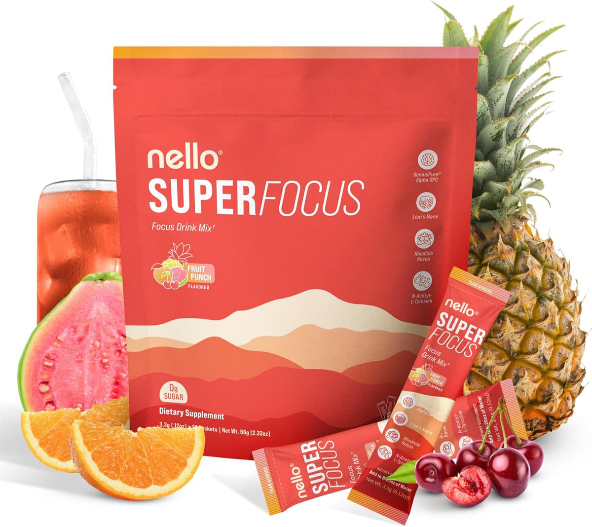 Drink Mix – Fruit Punch Flavor – Alpha GPC, Lion’s Mane, Rhodiola & N-Acetyl L-Tyrosine – Sugar-Free, On-The-Go Packets – 20 Servings