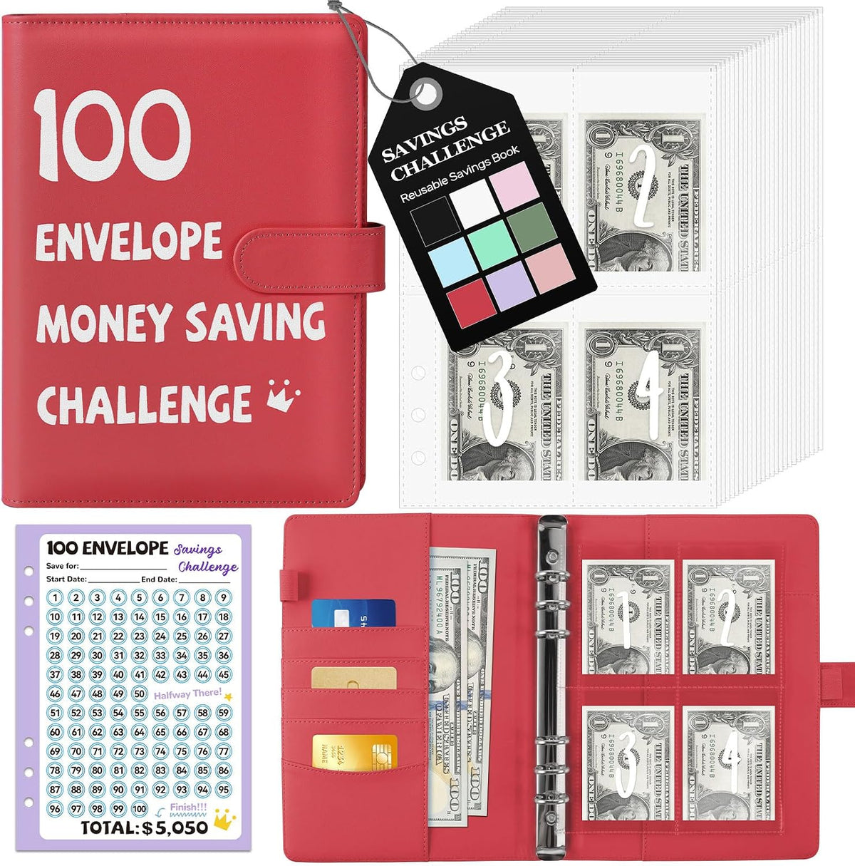 100 Envelopes Money Saving Challenge Binder, A5 Savings Challenges Book