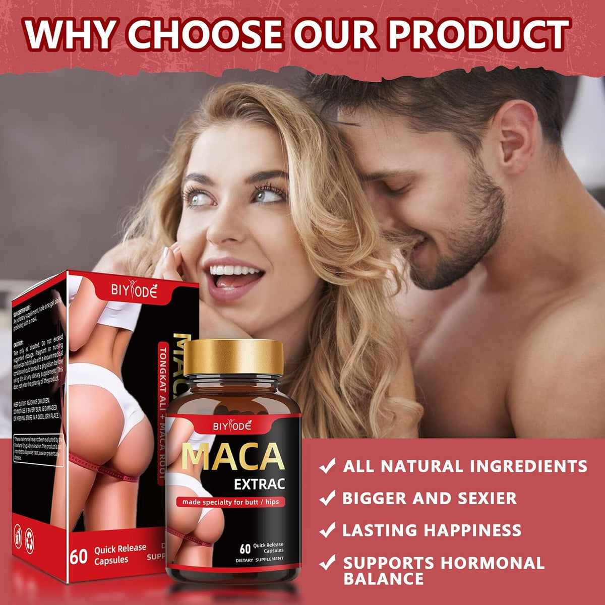 Organic Maca Root Capsules - Natural Butt Enhancement Pills for Women | Lift, Firm & Curve Buttocks | 60 Capsules