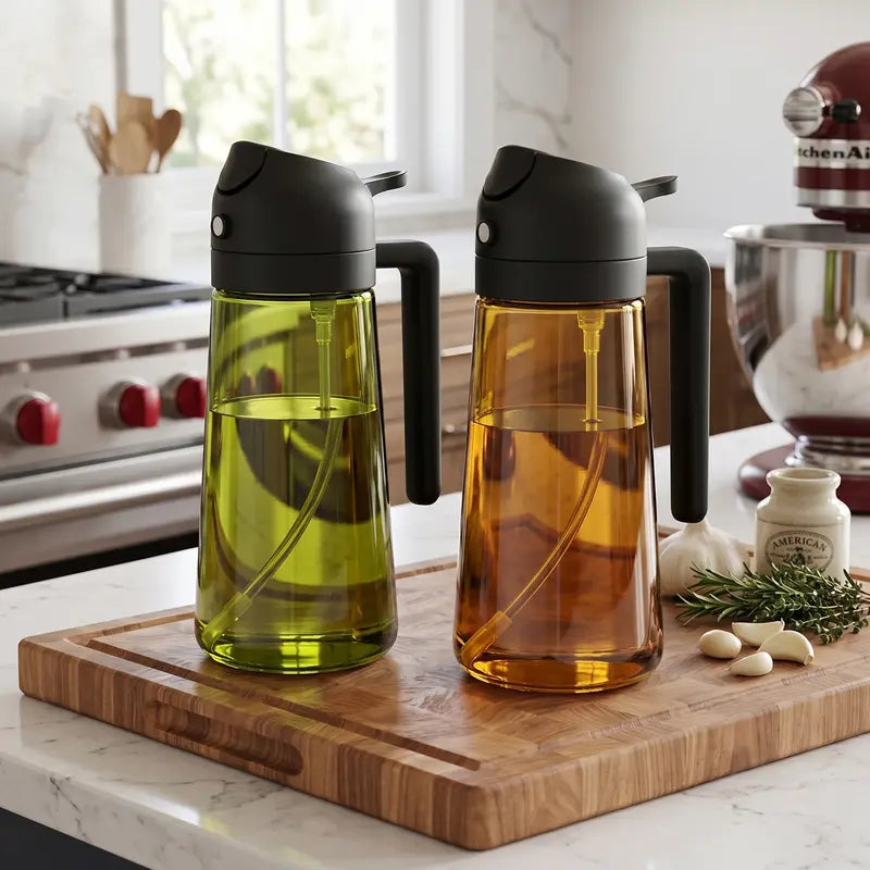 2 in 1 Olive Oil Sprayer & Dispenser 470ml Green Glass Bottle，2PCS