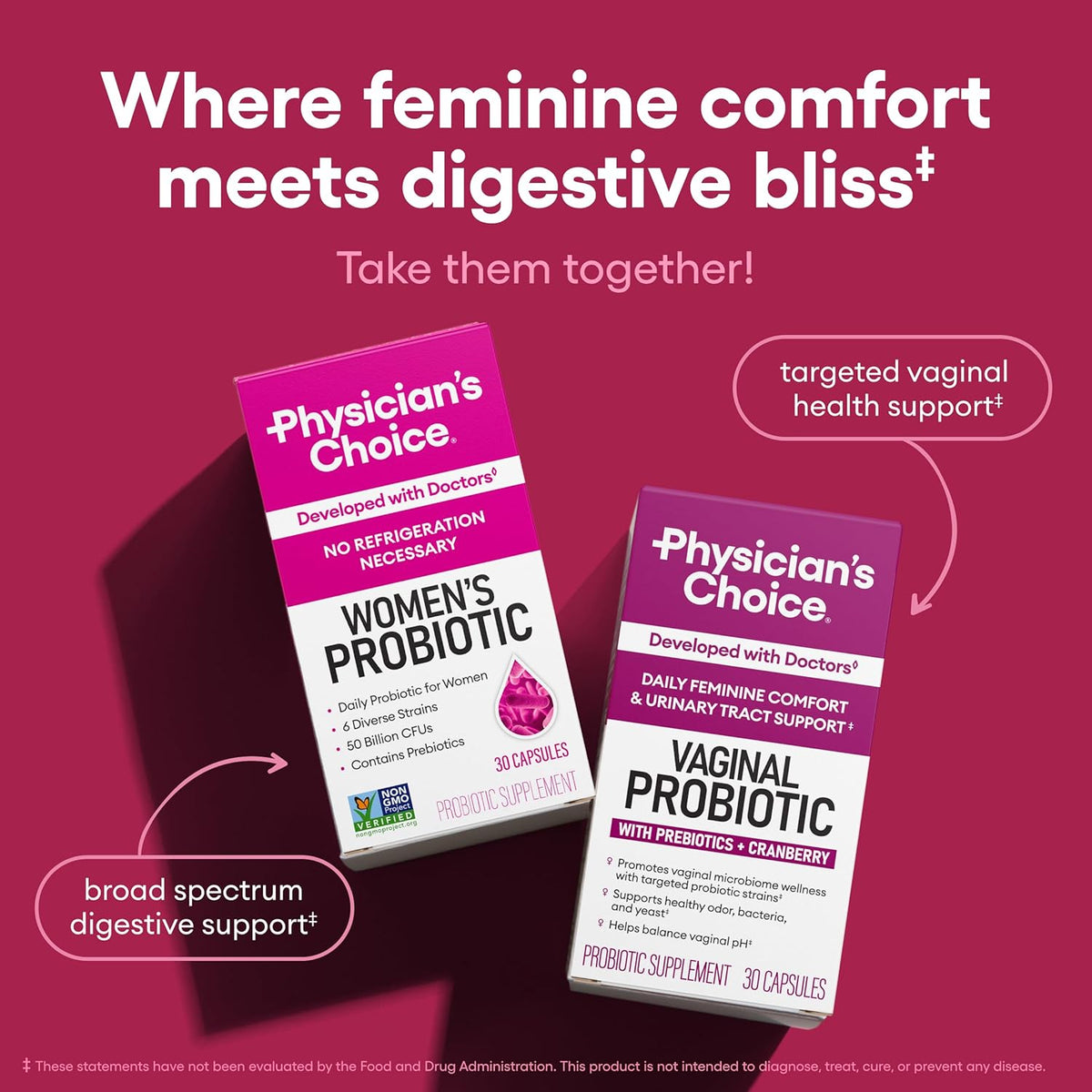 Physician's Choice Probiotics - PH Balance, Digestive, UT, & Feminine Health - 50 Billion CFU - 6 Unique Strains for Women - Organic Prebiotics, Cranberry Extract+ - Probiotic - 60 CT