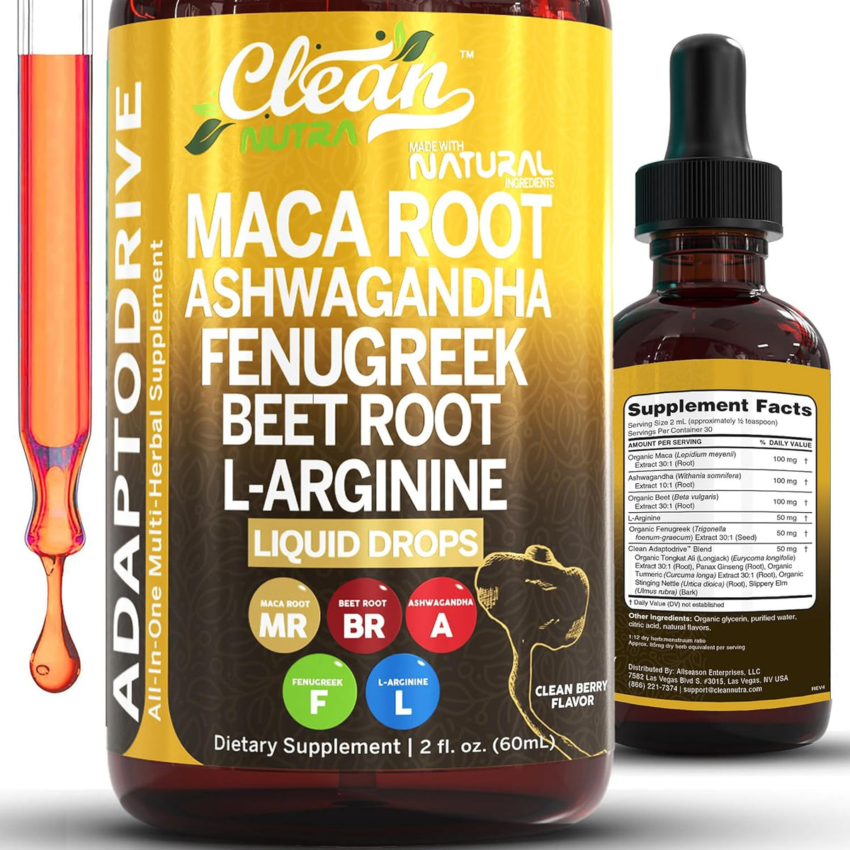 Organic Maca Root Liquid Drops with Ashwagandha, Fenugreek, Beet Root & L-Arginine – Liquid Multivitamin for Women & Men – Adapto Drive