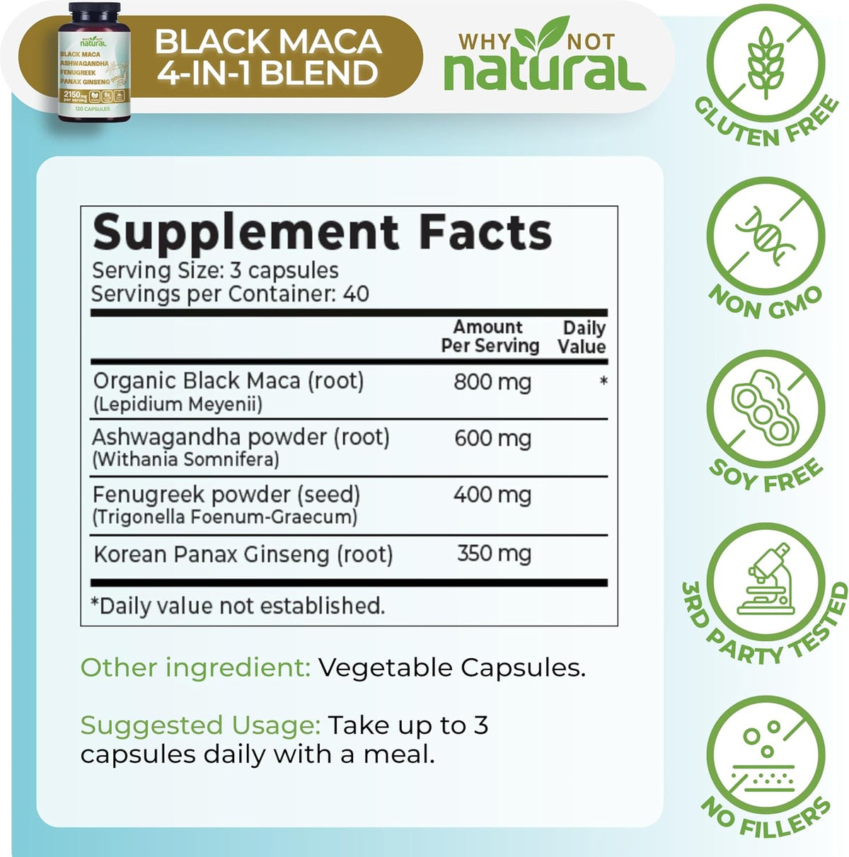 Why Not Natural 4-in-1 Organic Black Maca Root, Ashwagandha, Fenugreek, Panax Ginseng Capsules, Supplement for Men and Women