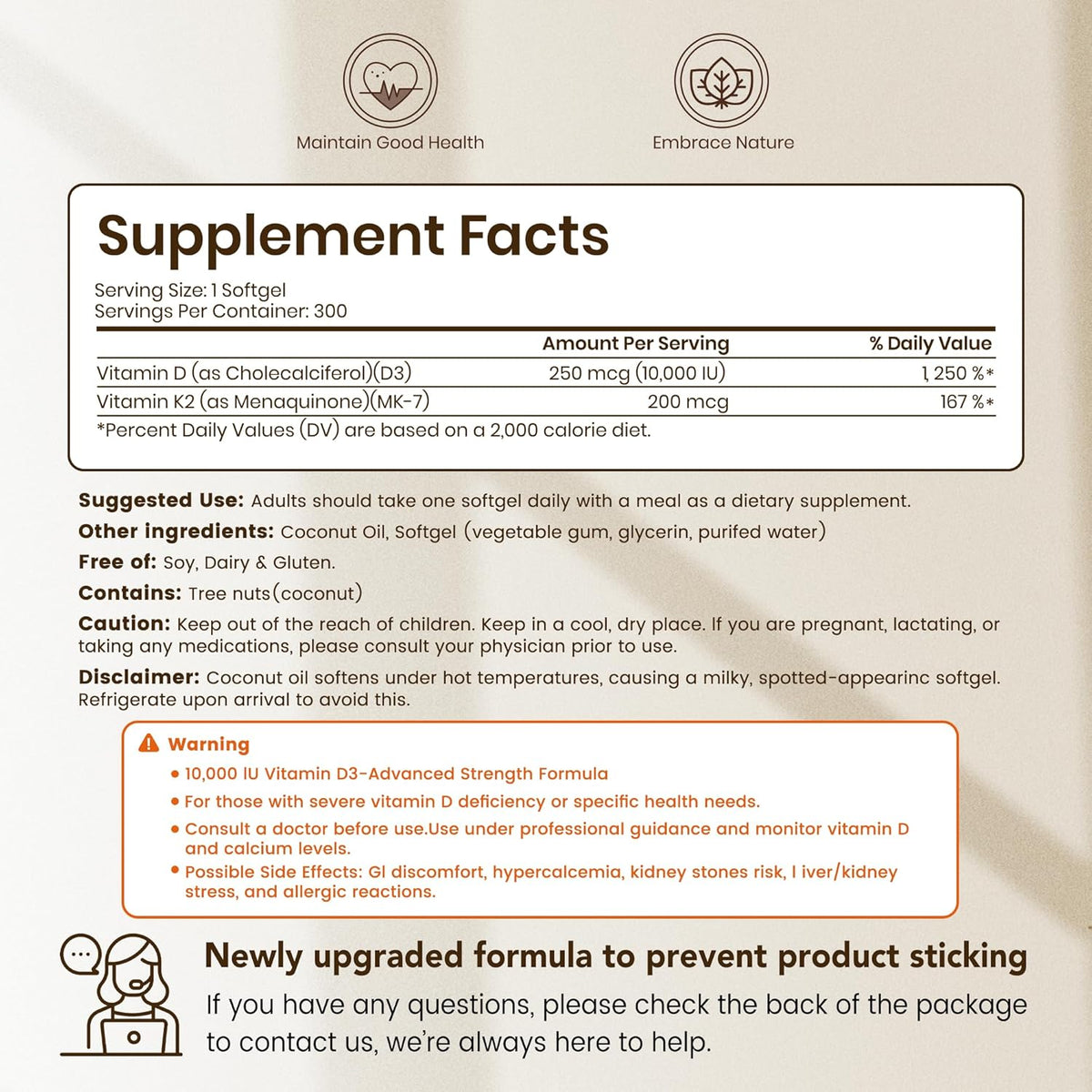 VEV Corefeel Vitamin D3 K2 10,000 IU, 200 mcg MK-7, 300 Coconut Oil Softgels, 2 in 1 Vitamins Supplement D & K (Include MK7), Easy to Swallow, Supports Calcium Absorption, Bone Health