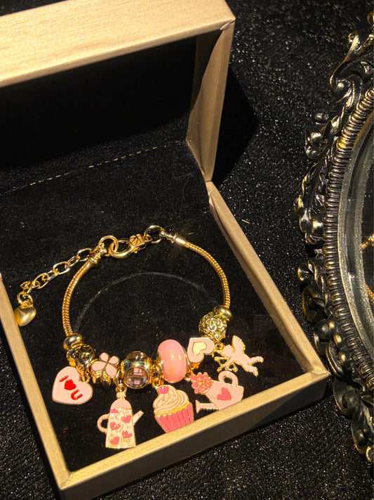 Women's Gold-Tone Charm Bracelet - Adjustable Costume Jewelry with Sweet Pink Cupcake, Teapot Beads & Romantic Heart Angel Pendant, Gift for Women