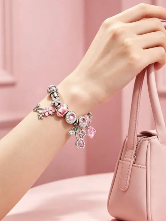 Silver Snake Chain Charm Bracelet with Pink Floral Glass Beads, Rhinestone Cherry, Sakura Flower & Pink Crystal Charms, Adjustable Extension Chain Dainty Flower Jewelry Gift for Women Teen Girls