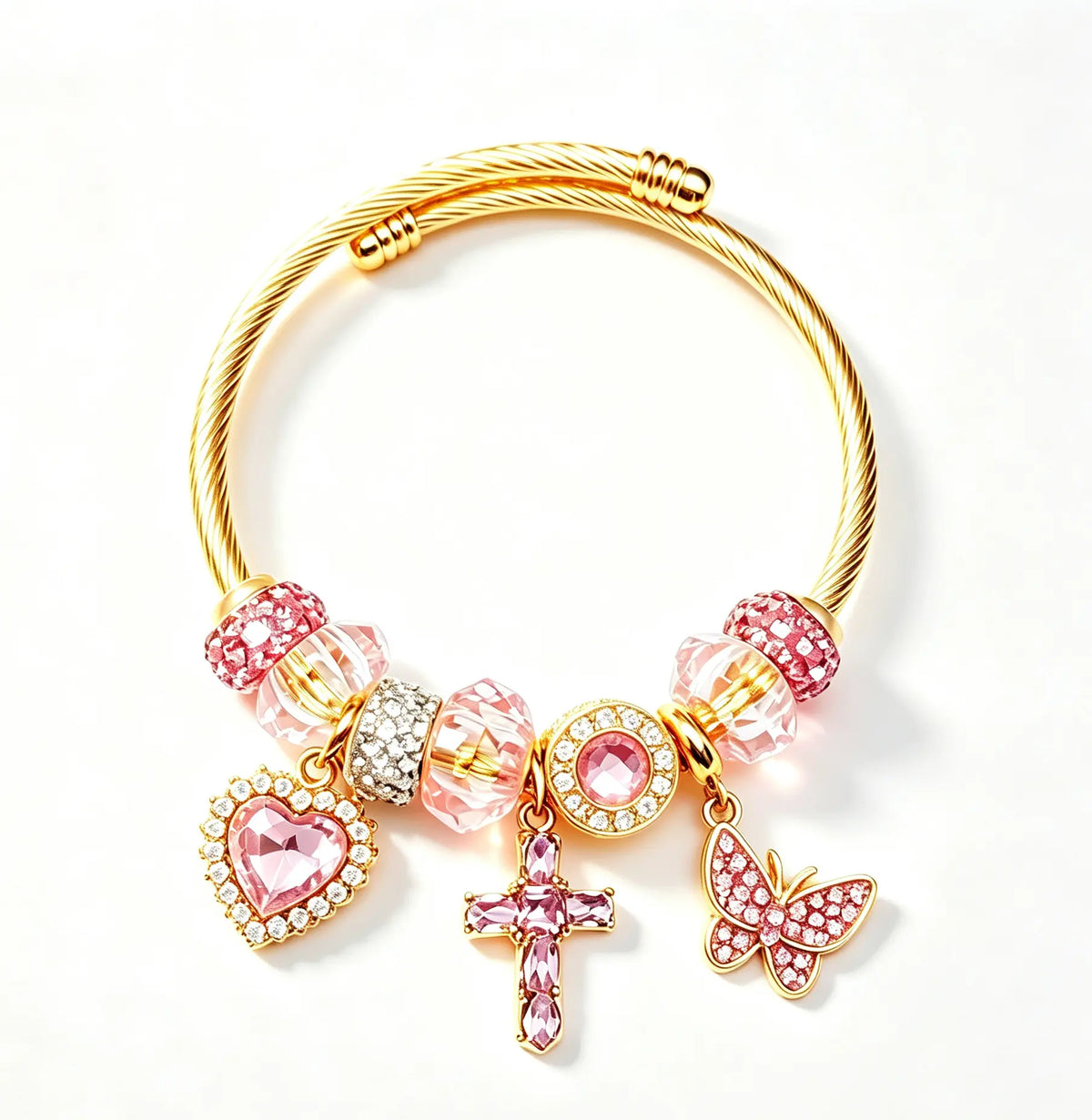 Sparkling Pink Charm Bangle - Heart, Cross & Butterfly Dangle Bracelet for Women | Trendy Gold-Tone Jewelry Gift