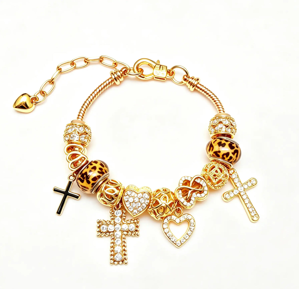 Gold Plated Leopard Print Bead Charm Bracelet, Cross & Heart Crystal Dangle Snake Chain Bracelet, Vintage Luxury Stackable Jewelry Gift for Women