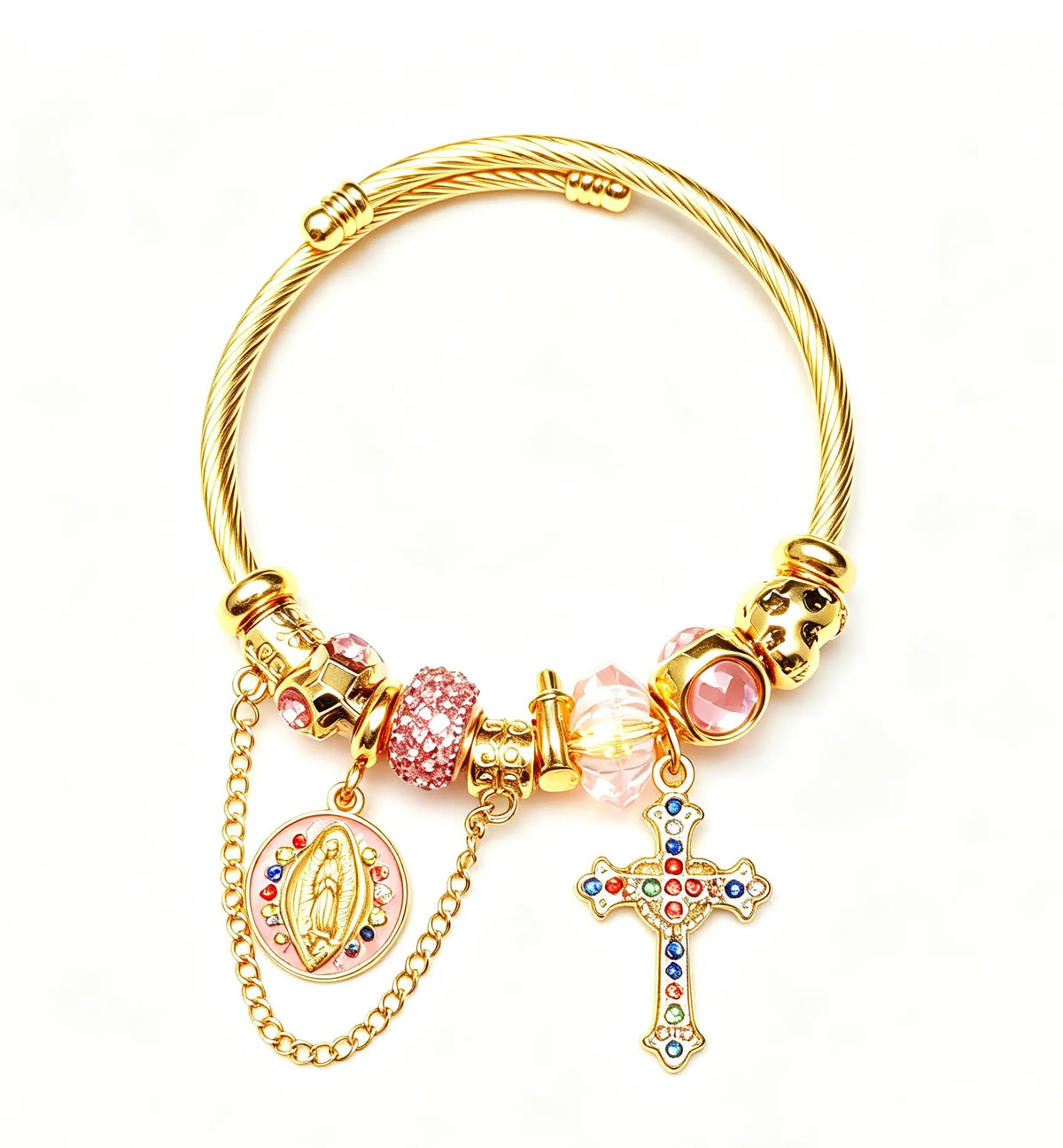 Gold Tone Virgin Mary Cross Charm Wire Bangle, Pink Crystal Religious Bracelet For Women