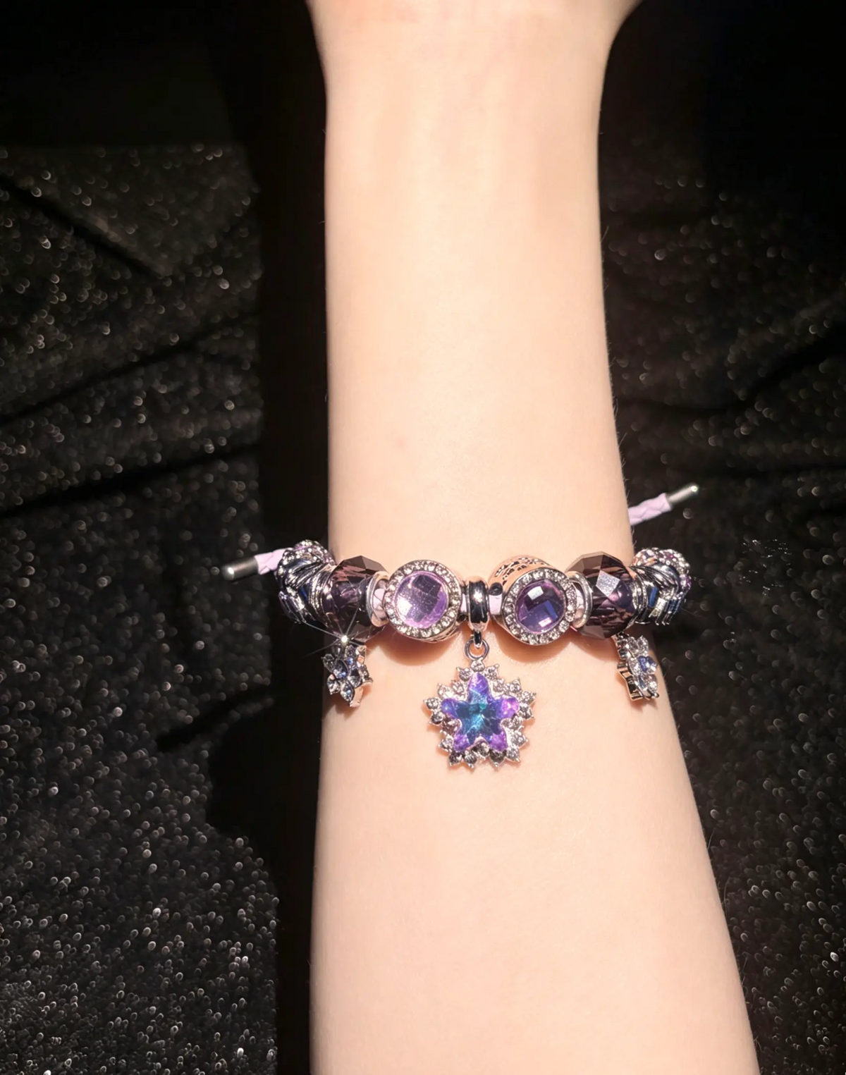 Purple Star & Flower Multi-Charm Braided Rope Bracelet - Sparkly Rhinestone Crystal Decor, Stackable Fashion Jewelry Gift for Women