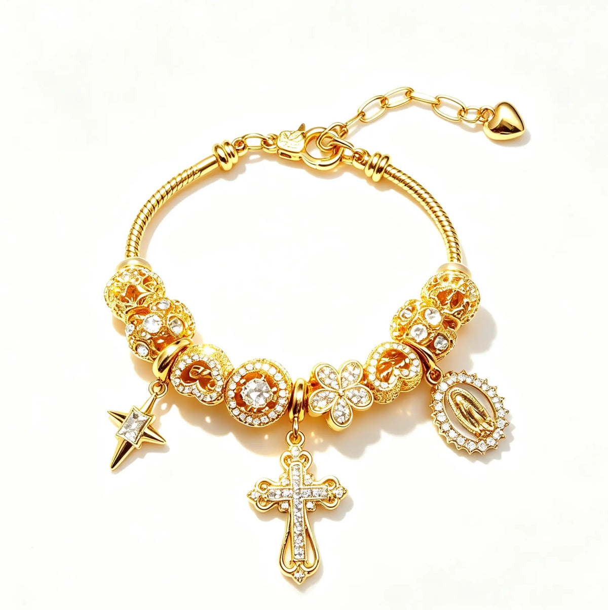 Gold-Tone Cross Star Charm Bracelet for Women, Crystal Multi-Charm Bracelet, Vintage Statement Jewelry Gift