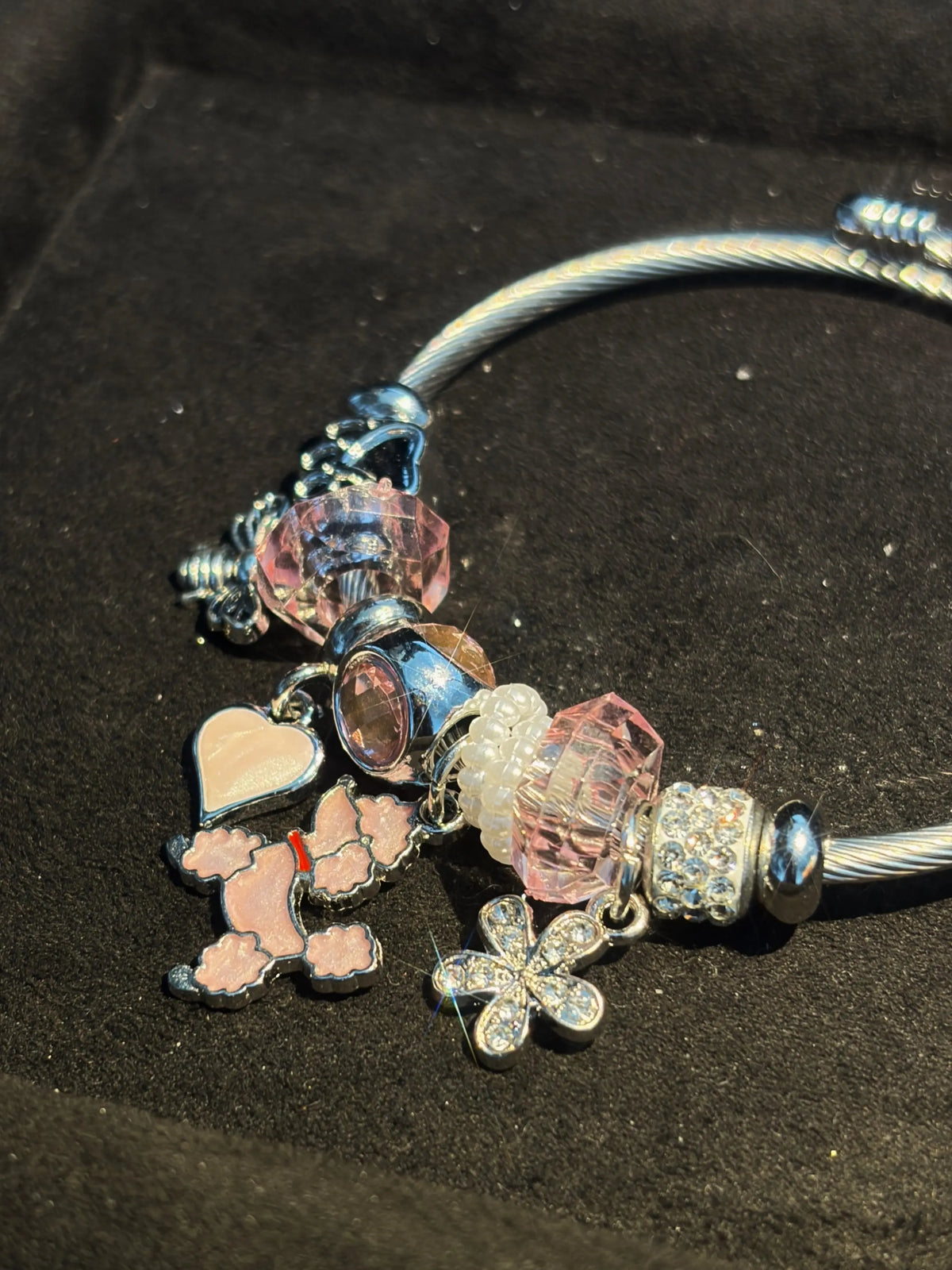 Women's Silver-Tone Open Cuff Bangle Bracelet with Cute Pink Poodle Charm, Heart Flower Crystal Beads, Stackable Sparkly Costume Jewelry Gift