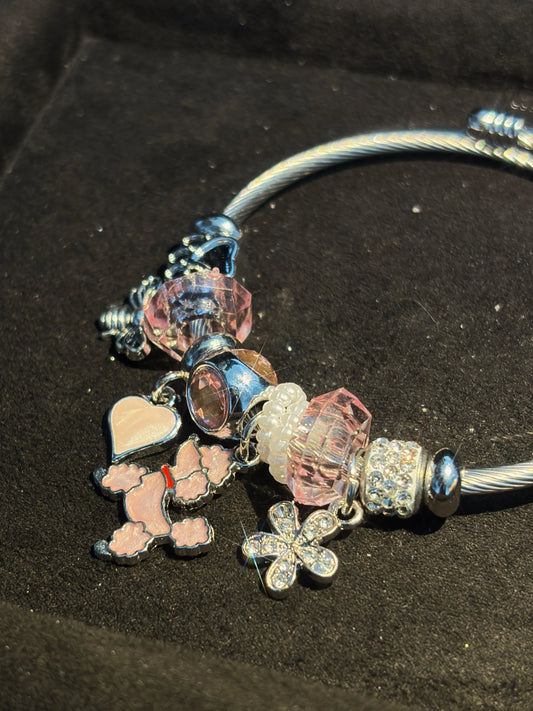Women's Silver-Tone Open Cuff Bangle Bracelet with Cute Pink Poodle Charm, Heart Flower Crystal Beads, Stackable Sparkly Costume Jewelry Gift