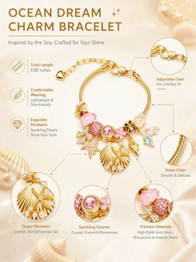 Ocean Mermaid Shell Charm Bracelet, Gold-Tone Adjustable Snake Chain Bracelet with Starfish Conch Pearl Dangle Charms, Pink Beach Themed Jewelry Gift for Women Girls