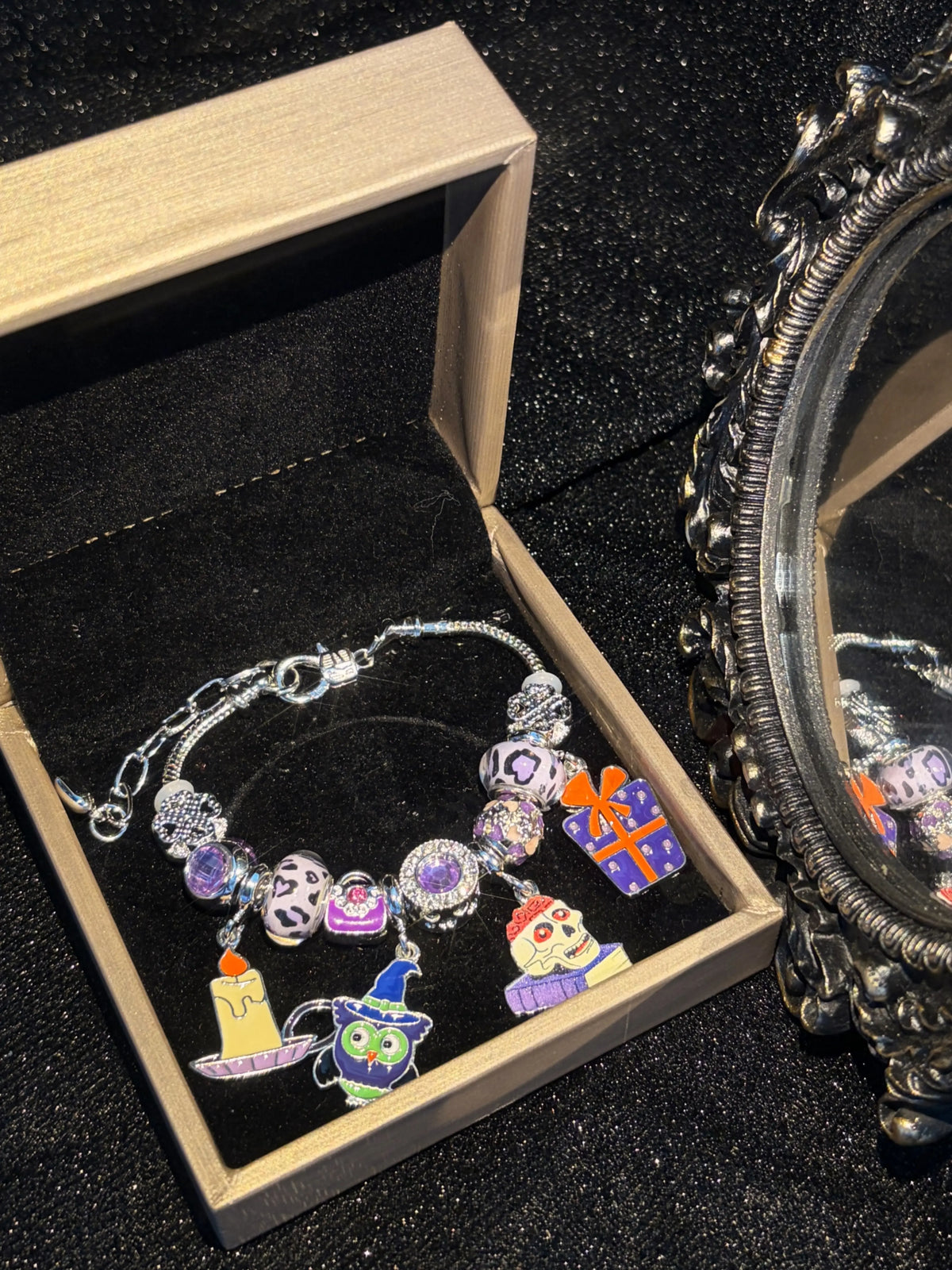 Women's Halloween Theme Silver-Tone Charm Bracelet with Owl, Skull, Candle Gift Box Dangle Charms and Beads - Party Costume Jewelry