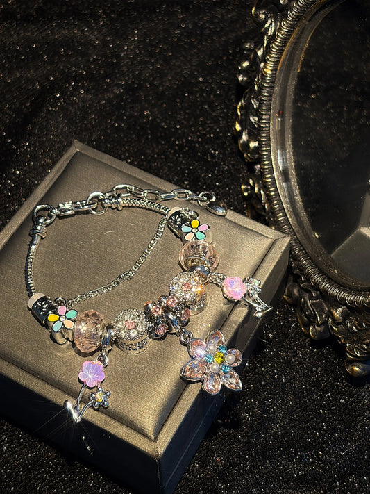 Women's Silver-Tone Snake Chain Charm Bracelet - Colorful Rhinestone Floral Dangle Charms, Crystal Beaded Costume Jewelry Gift for Teen Girls