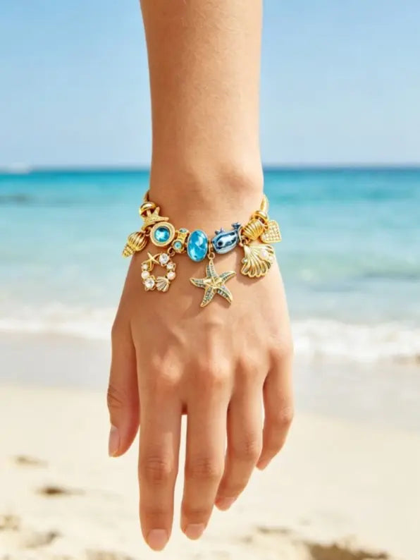 Ocean Theme Gold Cable Wire Cuff Bracelet, Adjustable Open Bangle with Starfish, Seashell, Dolphin, Blue Crystal Pearl Charms, Summer Beach Vacation Jewelry Gift for Women Girls