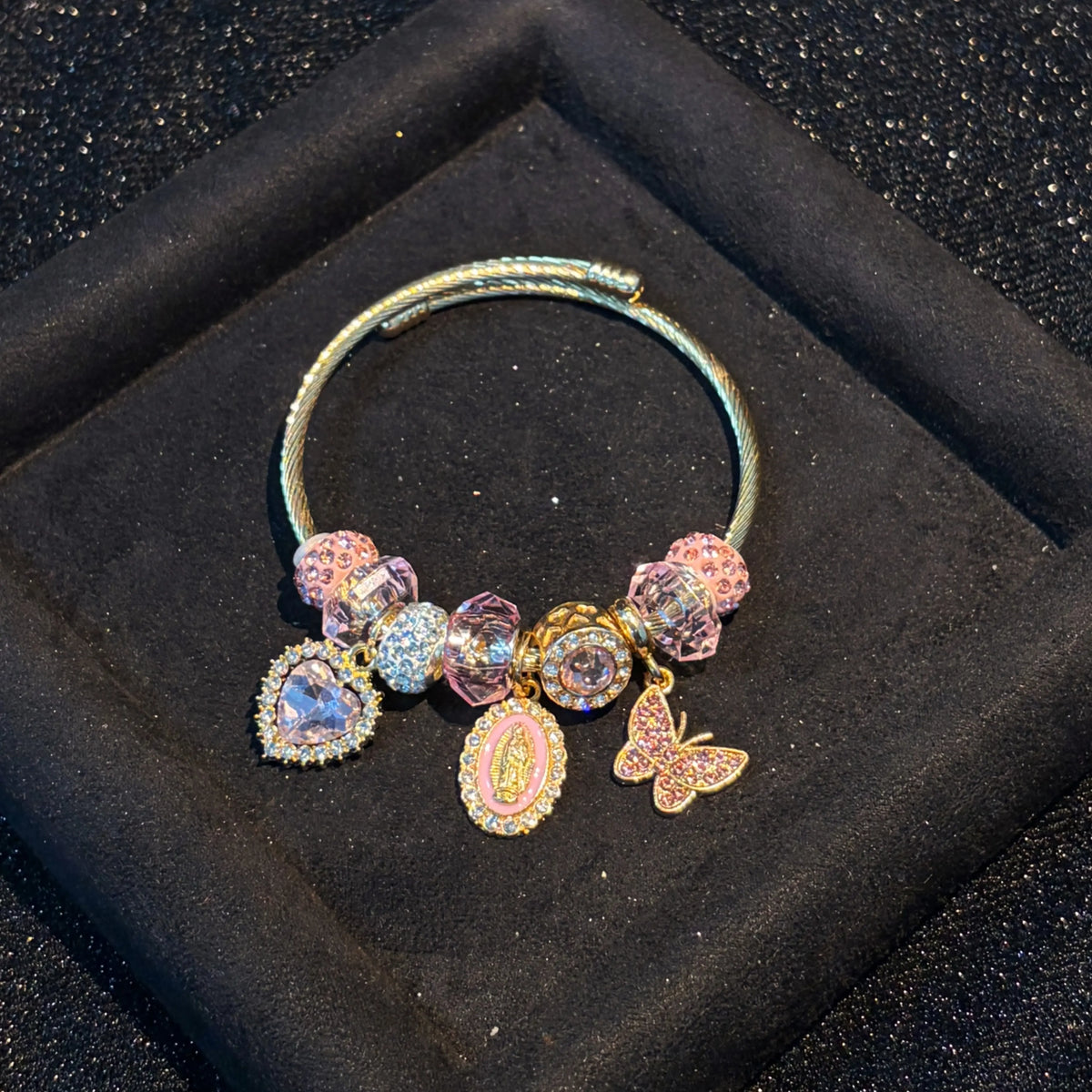 Women's Gold-Tone Virgin Mary Butterfly Heart Charm Adjustable Wire Cuff Bangle - Open Bracelet with Sparkling Crystal Beads-Pink, Red， Religious Costume Jewelry Gift