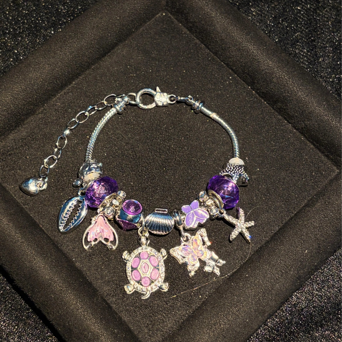 Women's Silver-Tone Ocean Turtle Snake Chain Bracelet, Adjustable Extension Chain, Enamel Turtle Shell Starfish Butterfly Dangles, Purple & Green Crystal Beads, 2-Color Options, Stackable Beach Costume Jewelry Gift