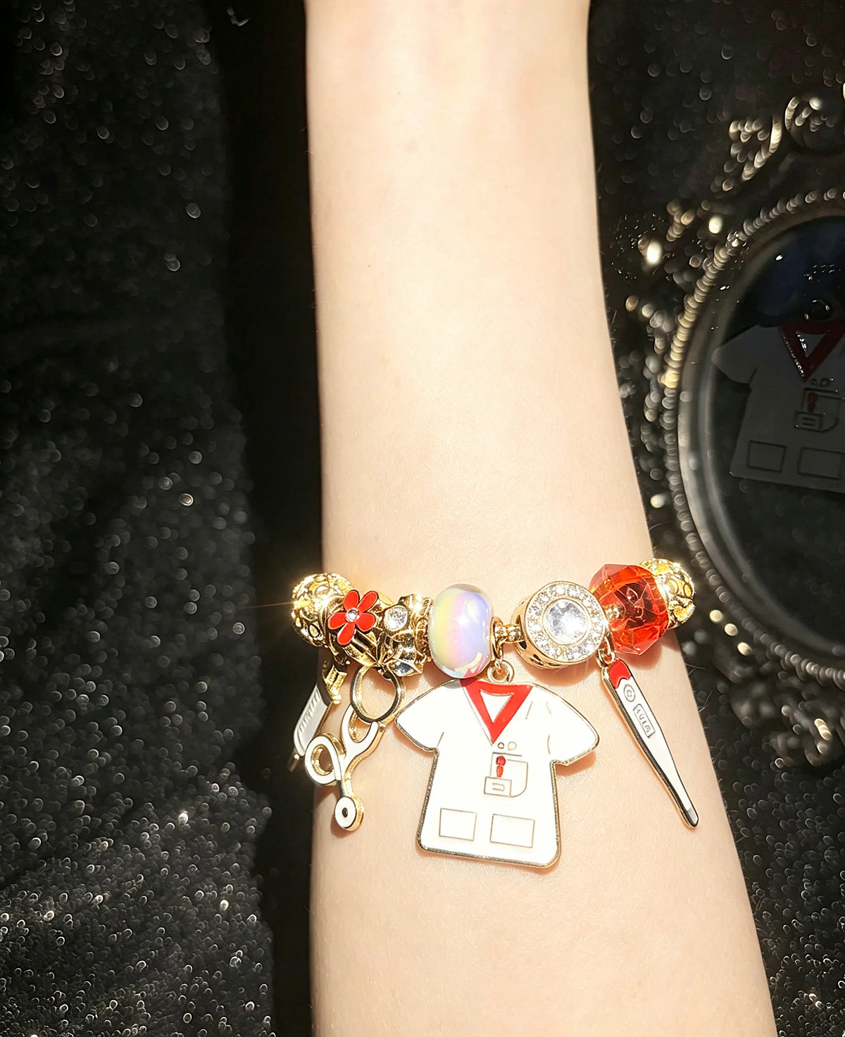 Women's Appreciation-Themed Gold-Tone Beaded Charm Bracelet with Uniform-Style Dangle Charms, Meaningful Costume Jewelry Gift