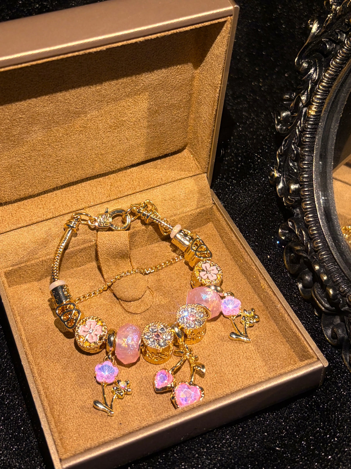 Women's Gold-Tone Adjustable Charm Bracelet - Sparkly Pink Heart, Flower Beads, Rhinestone Crystals - Fashion Costume Jewelry Gift