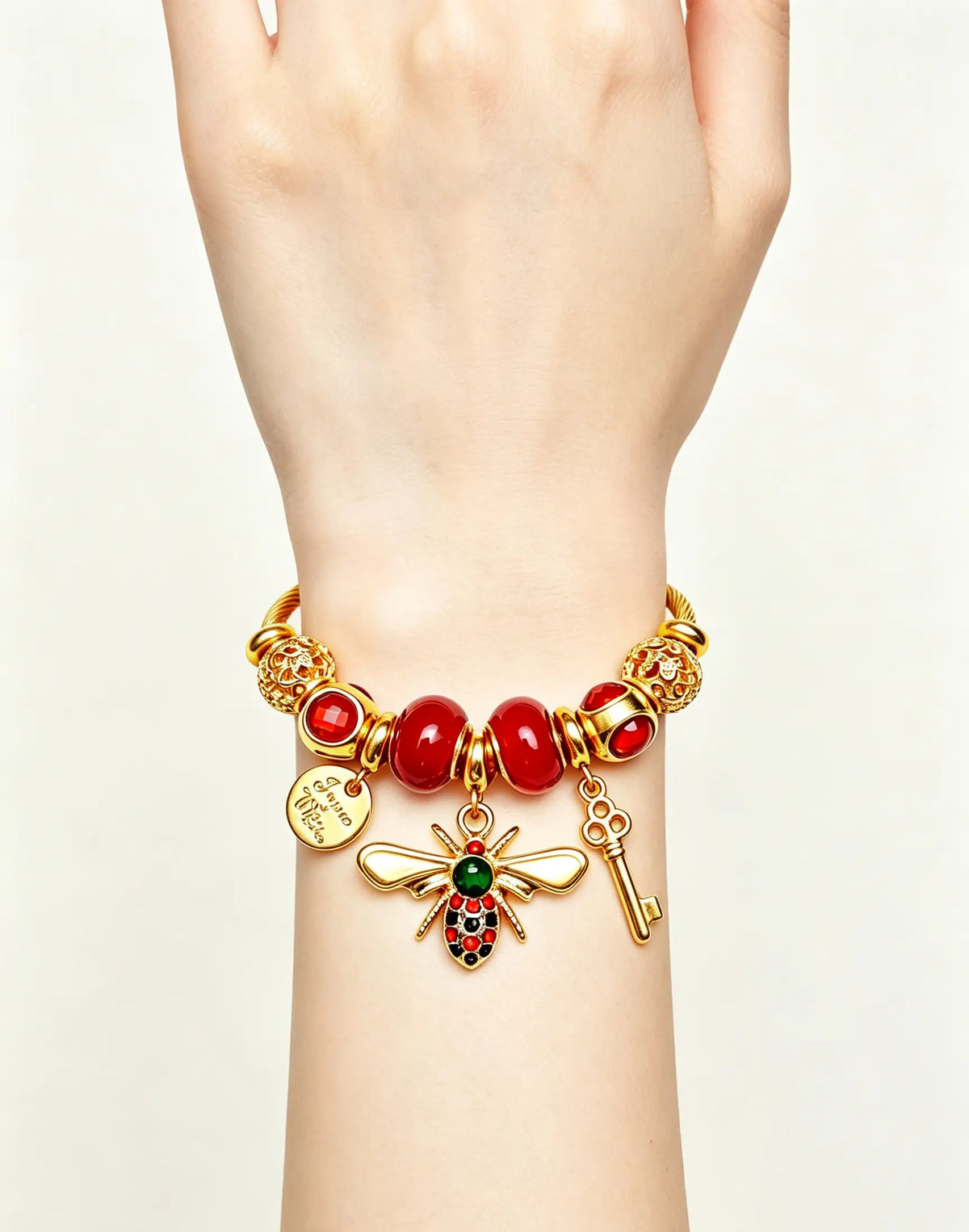 Gold Bee Charm Bangle Bracelet for Women, Adjustable Cable Wire Open Cuff Bracelet with Key & Coin Pendant, Fashion Multicolor Beaded Jewelry Gift
