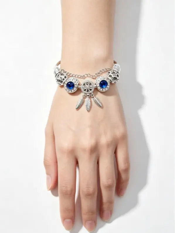 Dreamcatcher Feather Charm Silver Twisted Cable Bangle, Pink & Blue Crystal Rhinestone Hollow Bead Bracelet, Luxury Jewelry Gift for Women