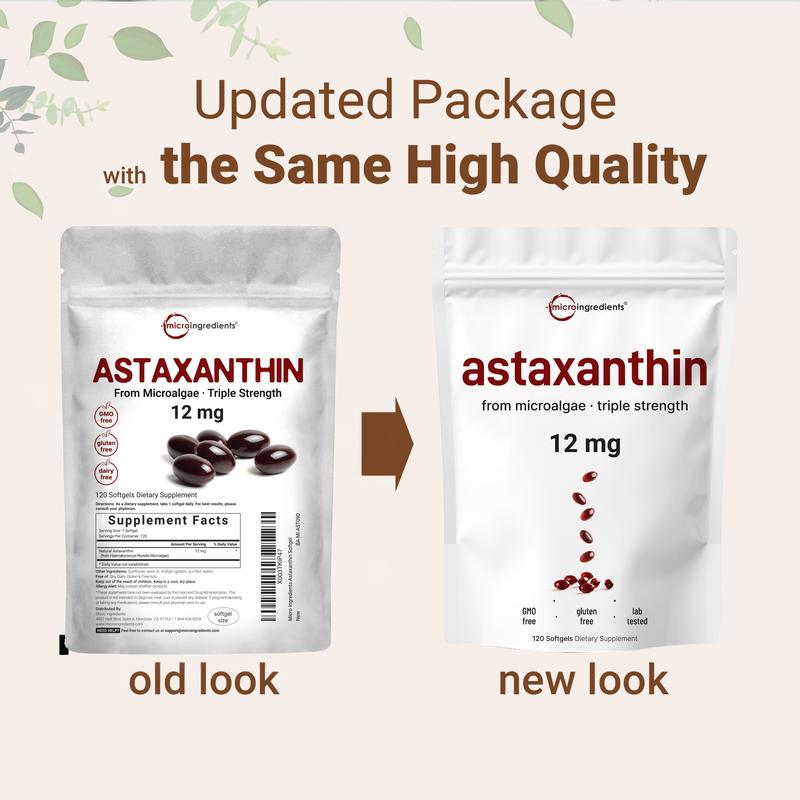 12mg Astaxanthin Softgels from Pure Microalgae Source | Natural Skin & Wellness Support | 120 Easy-to-Swallow Softgels (4-Month Supply)