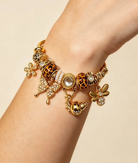 Vintage Leopard Print Bead Gold Wire Open Cuff Bracelet, Rhinestone Butterfly Bee Conch Charms Luxury Stackable Bangle Jewelry Gift for Women