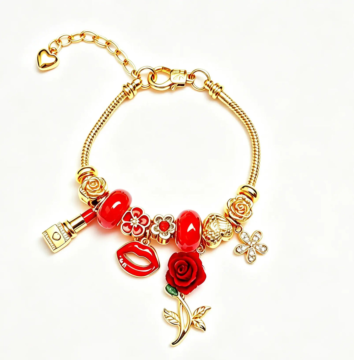 Gold Tone Red Rose Charm Bracelet for Women, Snake Chain Bracelet with Lip, Lipstick, Flower & Glossy Red Beads, Romantic Valentine’s Day Jewelry Gift for Her