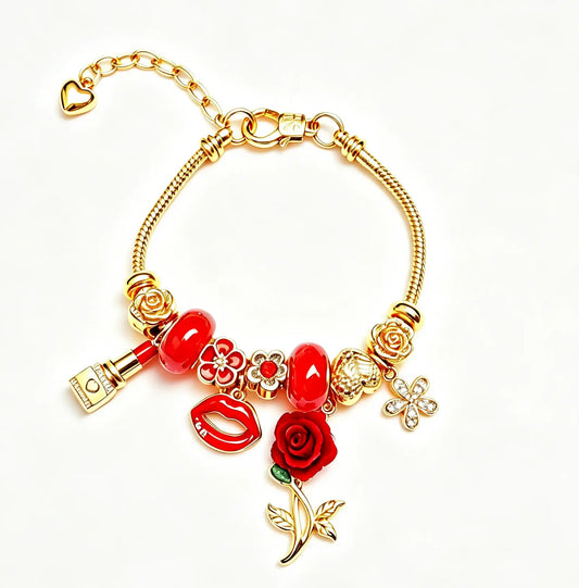 Gold Tone Red Rose Charm Bracelet for Women, Snake Chain Bracelet with Lip, Lipstick, Flower & Glossy Red Beads, Romantic Valentine’s Day Jewelry Gift for Her