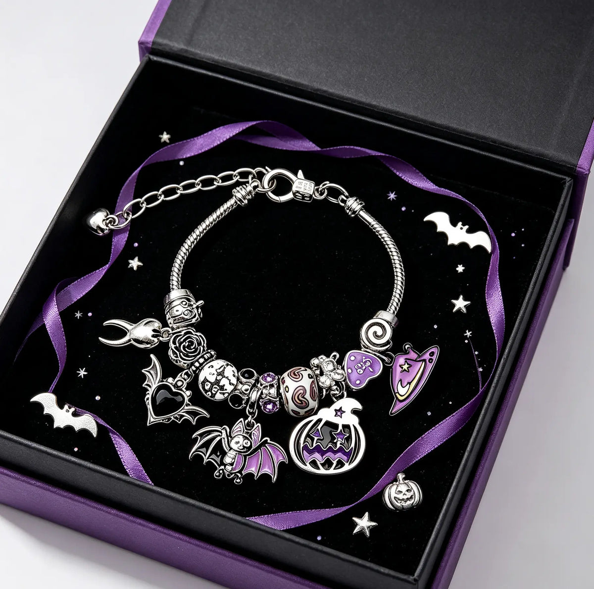 Gothic Halloween Bat & Pumpkin Charm Bracelet, Silver-Tone Snake Chain with Purple Enamel & Black Heart Beads, Edgy Jewelry for Women