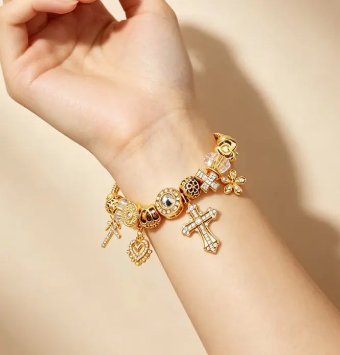 Gold Plated Adjustable Snake Chain Charm Bracelet, Cross Heart Flower Crystal Beaded Bracelet, Vintage Fashion Jewelry Gift for Women Girls