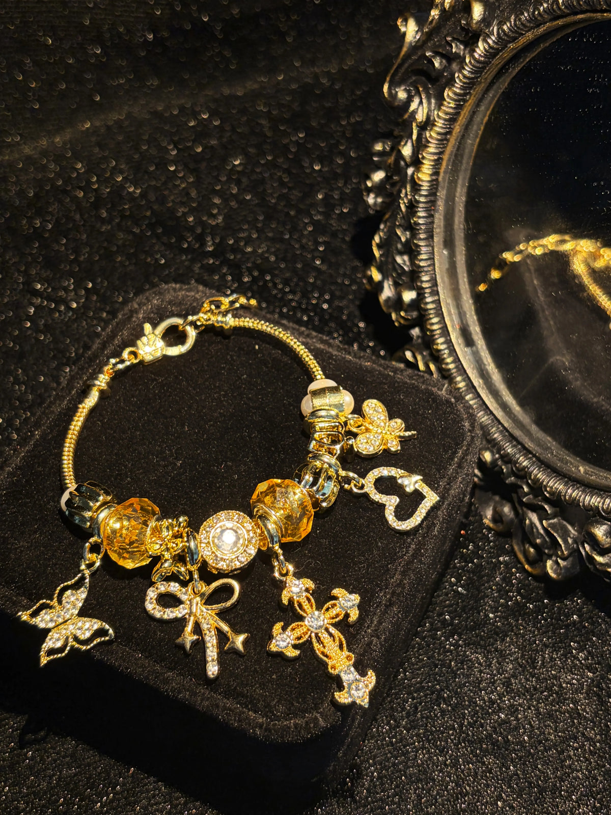 Women's Gold-Tone Adjustable Snake Chain Bracelet with Cross, Butterfly and Crystal Charms, Elegant Costume Jewelry Gift for Daily Wear